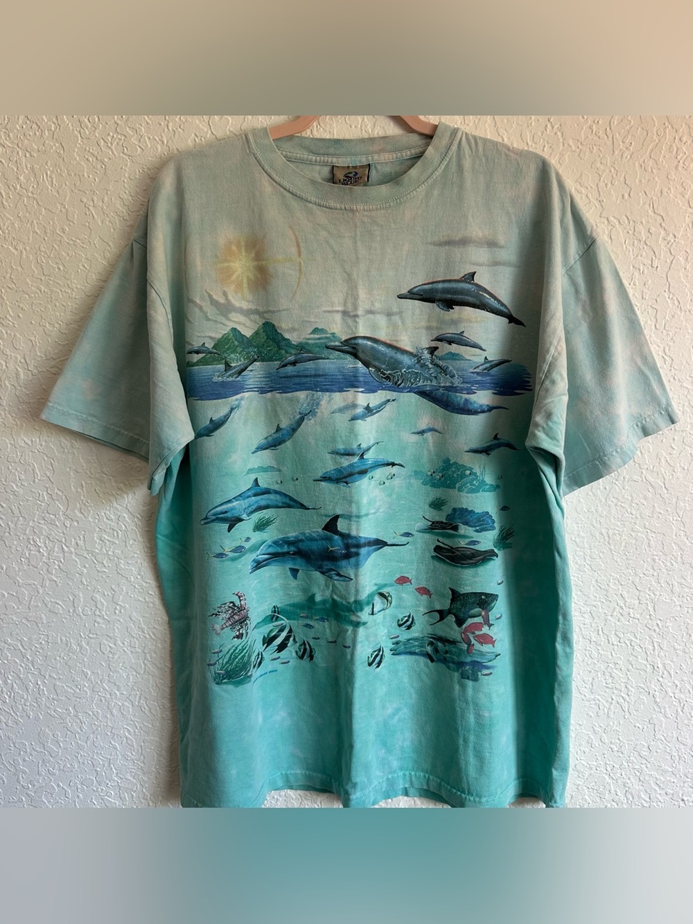 Vintage 1996 Men's Liquid Blue Dolphin Reef Cotton Graphic Tee Blue Tie Dye XL